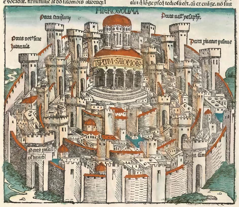 Dans la chronique de Nuremberg (fin XVᵉ s. folio 17r) les murailles sont reconstruites