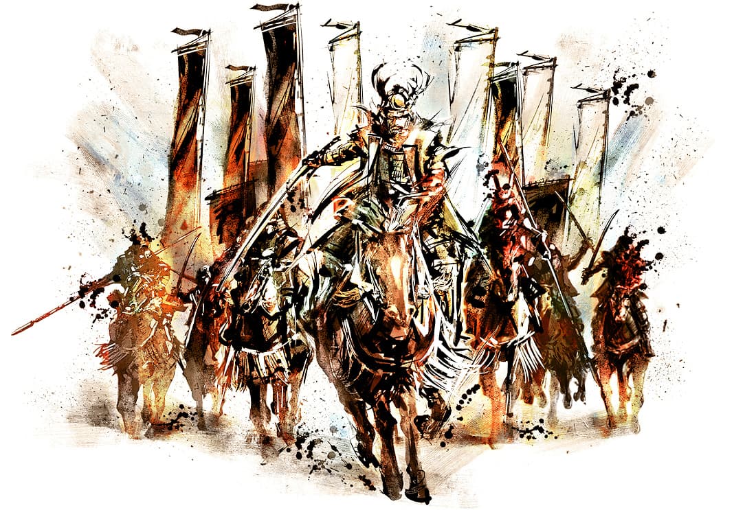 Samouraïs en partance pour un combat à cheval (peinture gouache) Samouraïs en partance pour un combat à cheval (peinture gouache)