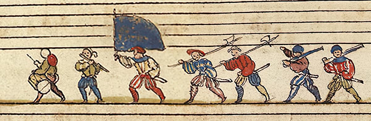 Porte-étendards, hallebardiers et arquebusiers partent au front, précédés des musiciens battant tambour et jouant du fifre folio 10  - livret de basse du chansonnier Zeghere von Male (ca1540) #Terressens