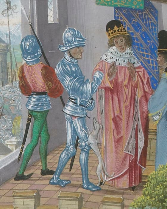 1399, le comte Derby, vient en armure à Londres, arrêter le roi Richard II (appelé aussi Richard de Bordeaux) auquel il succèdera sous le nom d'Henry IV (BN manuscrit FR2346 (Chroniques de Jean Froissard de 1389 à 1400) folio 323v (enluminure) & folio 324r (texte)) #Terressens