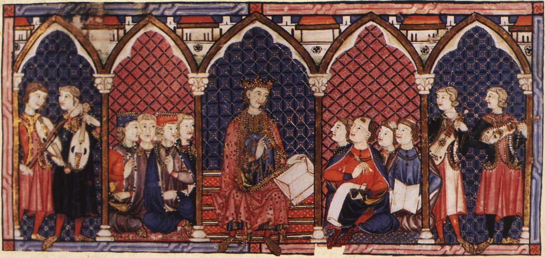 Alphonse X entouré des musiciens avec lesquels il compose et interprète les cantigas de Santa Maria in manuscrit j.b.2 de l'Escurial (cantigas de Santa Maria) #Terressens