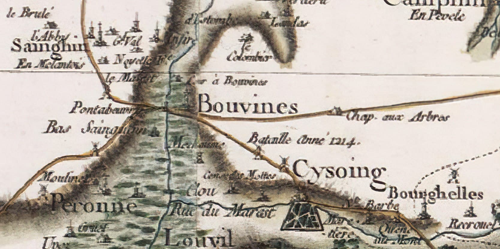 Établie à la fin du règne de Louis XVI, la première carte topographique concernant Bouvines, dite de Cassini, plus précise que celle précédente de Gervais de Tilbury, fait encore référence à la bataille victorieuses de Bouvines. #Terressens Établie à la fin du règne de Louis XVI, la première carte topographique concernant Bouvines, dite de Cassini, plus précise que celle précédente de Gervais de Tilbury, fait encore référence à la bataille victorieuses de Bouvines. #Terressens