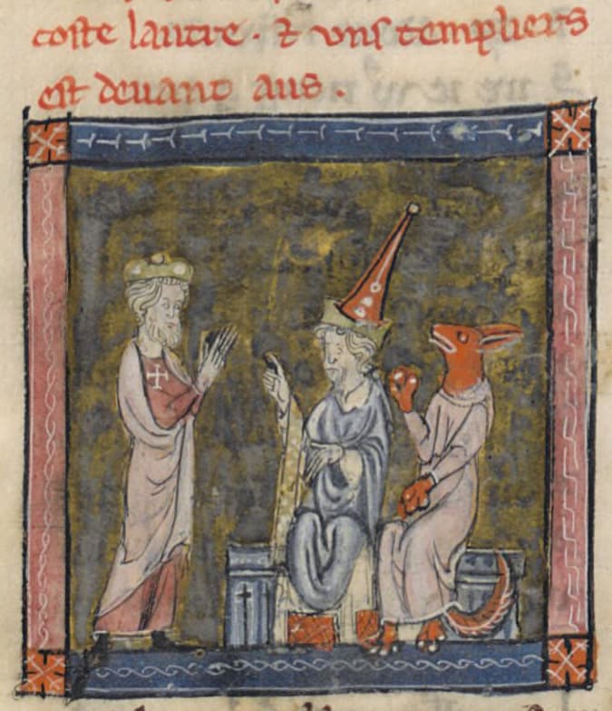 De gauche à droite : le templier, le pape et Renart in FR 25566 folio 173 v° #Terressens