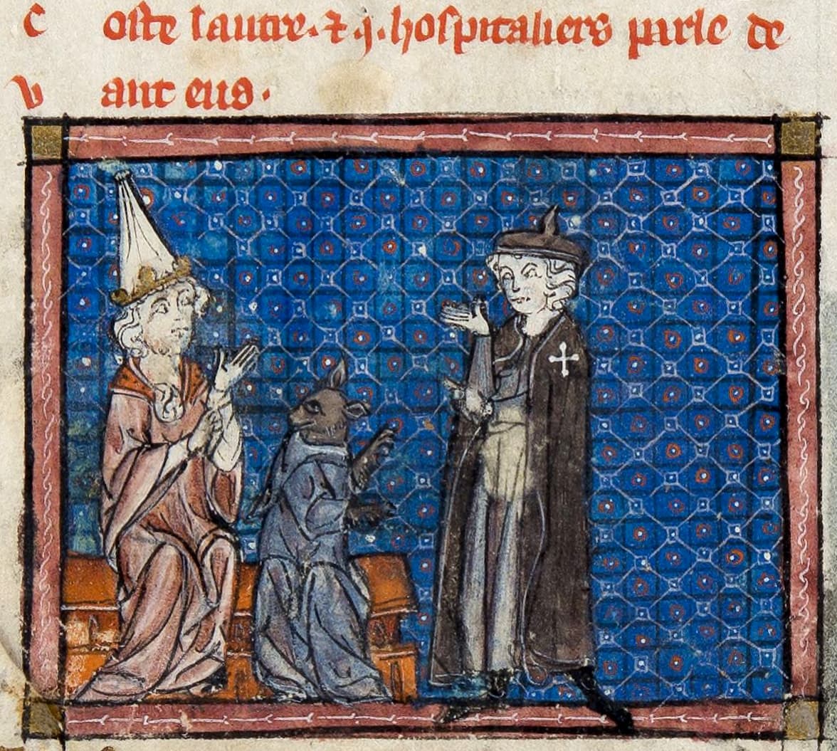 De gauche à droite : le pape, Renart et l'hospitalier in FR 25566 folio 174 r° #Terressens