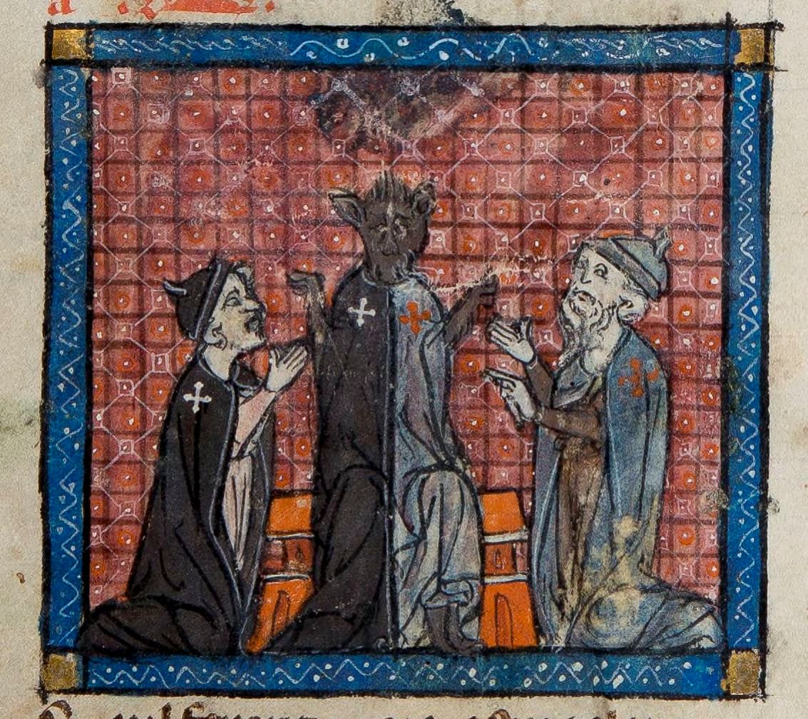 Renart, un hospitalier à sa droite, un templier à sa gauche in FR 372 - Folio 59 r #Terressens