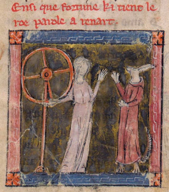 Ainsi, Fortune qui tient la roue parle à Renart in FR 25566 folio 174 r° #Terressens