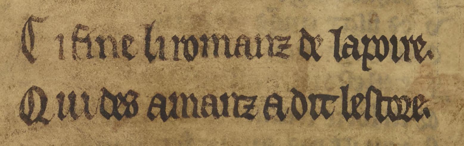 Ici finit le roman de la poire | Qui des amants à dit l'histoire. | folio 83v° - vers 3024 & 3025 | #Terressens