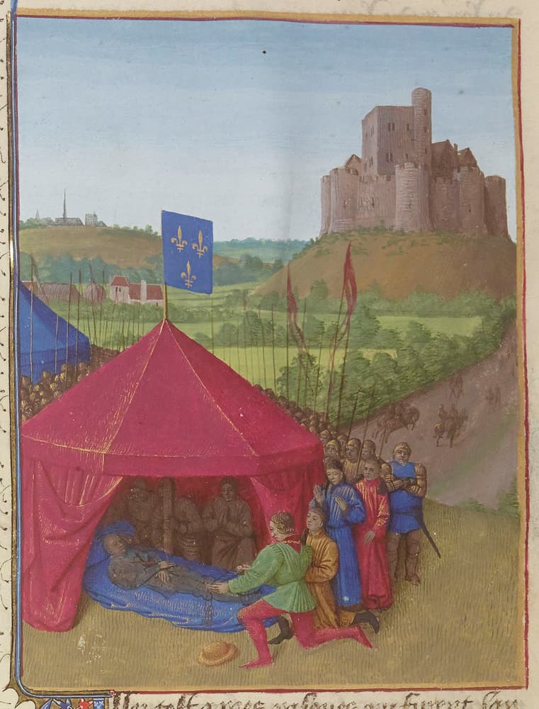 La tente où repose la dépouille de Bertrand du Guesclin au lieu-dit l'Habitarelle en contrebas de Châteauneuf-de-Randon. In Chroniques de Saint-Denis - FR6465 folio 456 r° #Terressens