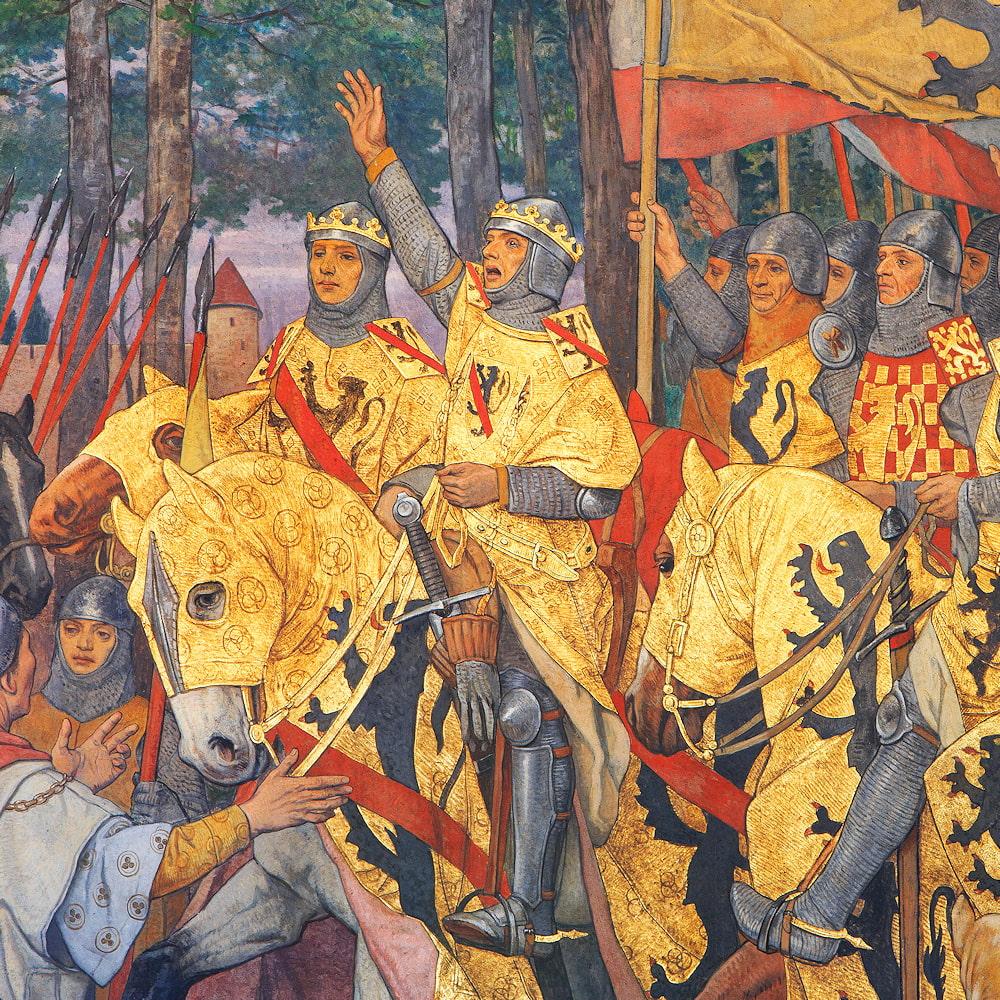 Le comte de Flandre vainqueur de la bataille de Courtray dite des éperons d'or, peinture murale in mairie de Bruges (photo Alami n° G1K9K2) #Terressens