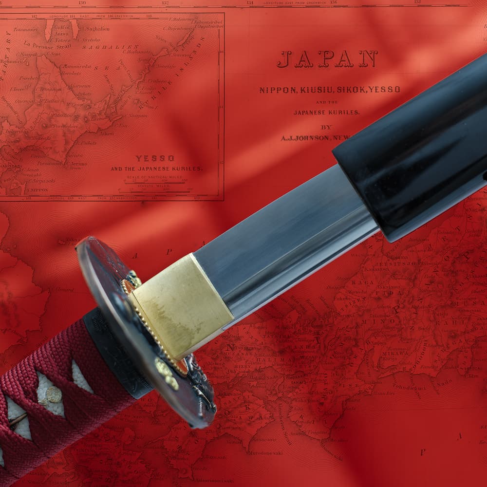 Katana « Musha shugyō » (武者修行), forge Shihozume, trempe sélective, ito et sageo rouge sombre #Terressens