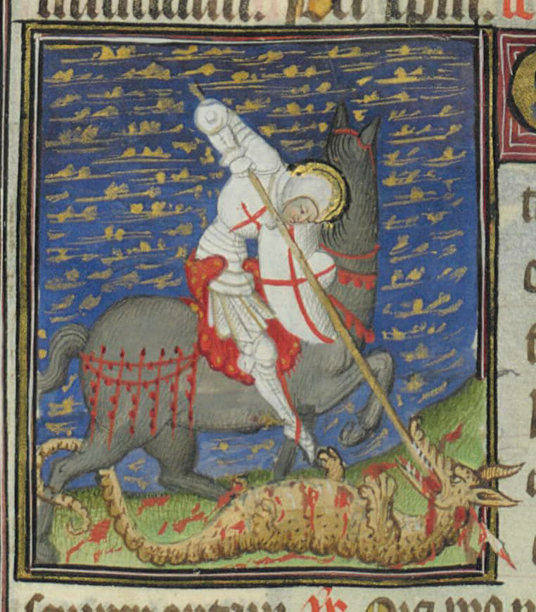 Enluminure représentant saint Georges vêtu du blanc manteau et terrassant le dragon, réalisée plus d'un siècle après pour illustrer le livre d'heures de René d'Anjou (1434-1480), roi de Sicile (BN Lat 1156f77v)