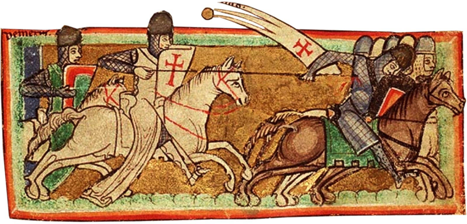 Représenté en templier, saint Georges, patron des chevaliers chasse l'ennemi sarrasin (détail d'enluminure du manuscrit ms.76F5, f°1r° NL La Haye)